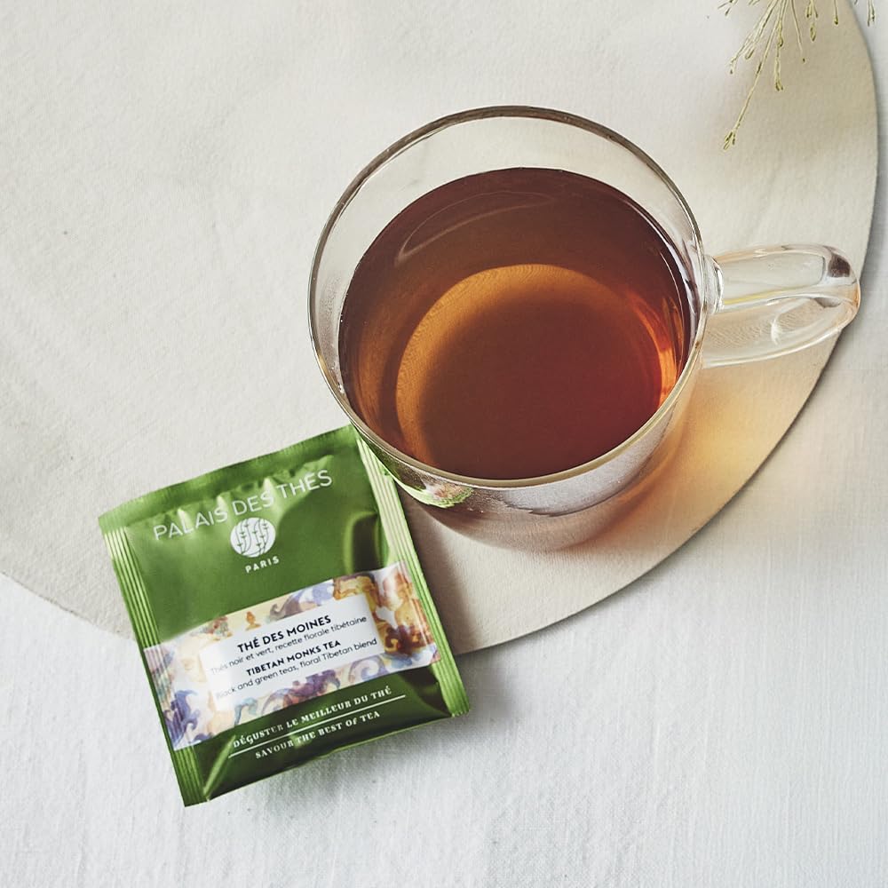 Palais Des Thés - Tibetan Monks - Black & Green Tea Floral Blend - Enhanced Tea Bags, Serves 20 Cups