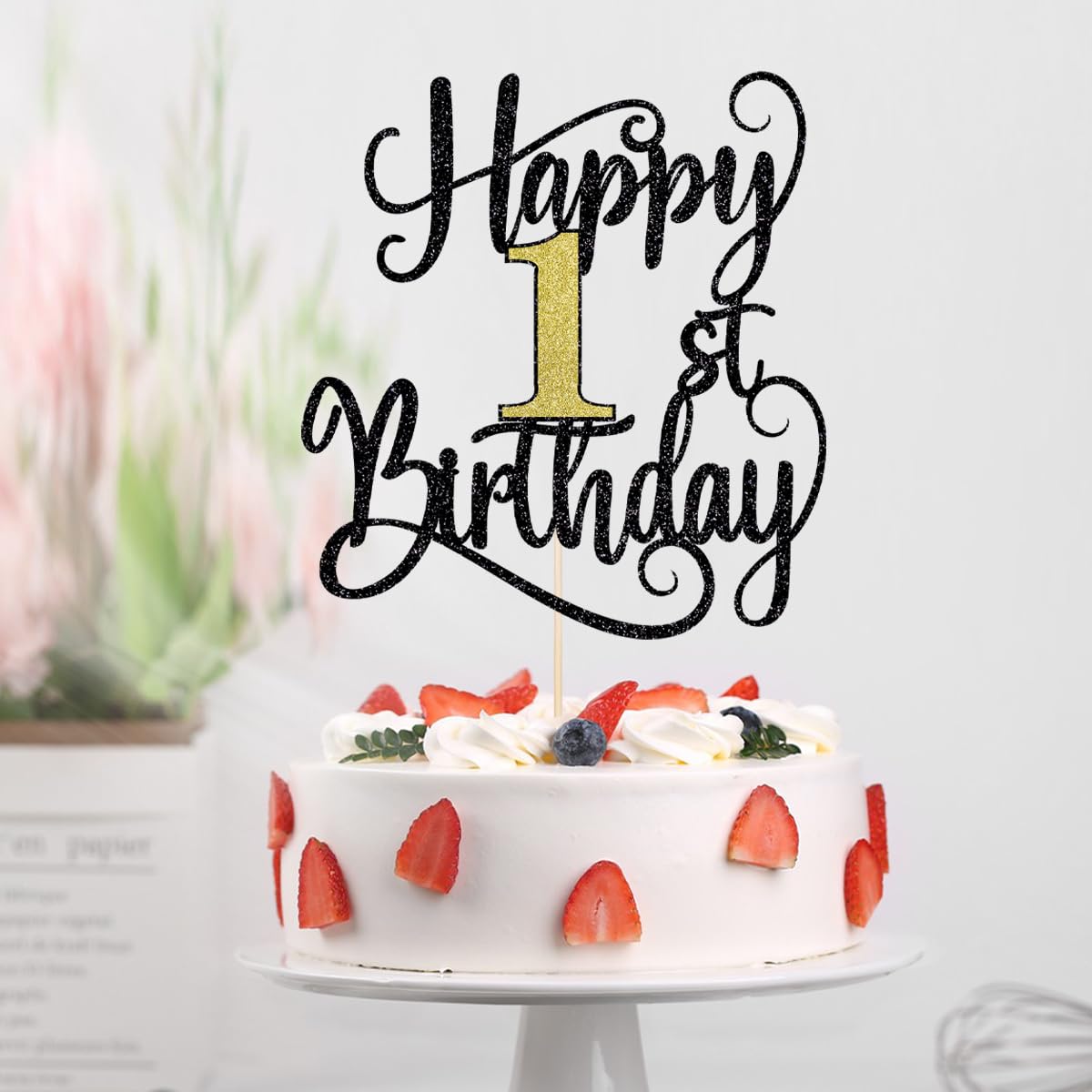 Happy 1Th Birthday Cake Topper, 1 Birthday Party Cake Decorations (Black And Gold Flashes, 1St)