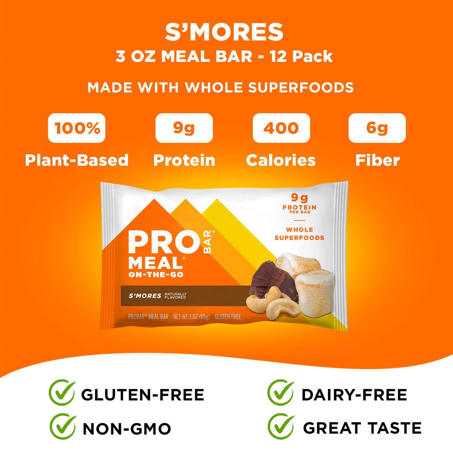 PROBAR - MEAL Bar, SMores, Non-GMO, Gluten-Free, Healthy, Plant-Based, Whole-Food Ingredients, Natural Energy (12 Count)