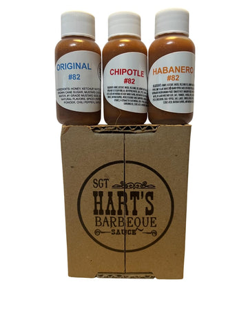 SGT. Harts BBQ Sauce Mini Sampler 3 Flavor Pack (Original, Chipotle, Habanero) 1 OZ Each |Barbecue Sauce for Chicken, Beef, Pork