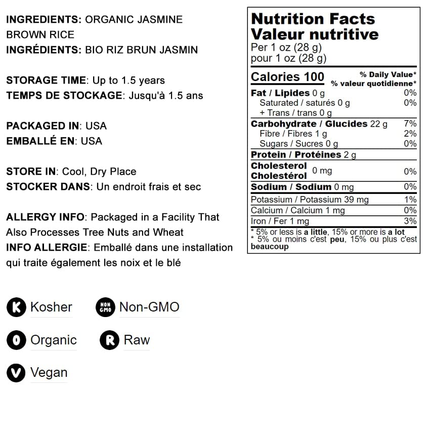 Food To Live Organic Brown Jasmine Rice, 1 Pound - Non-Gmo, Whole-Grain Rice, Long-Grain Variety, Non-Irradiated, Kosher, Vegan.