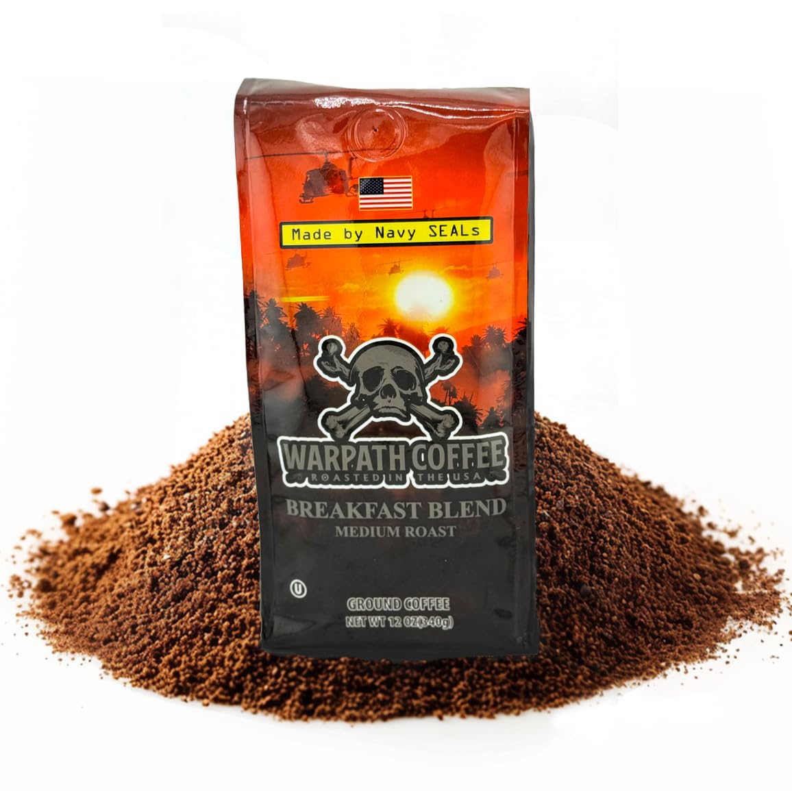 Warpath Coffee Medium Roast Ground Coffee, Breakfast Blend, High Caffeine, Extra Strong Roasted 100% Arabica Coffee Ground Beans, Rich Aroma, Full Bodied Intense Cup, Created By Navy Seals, 12Oz