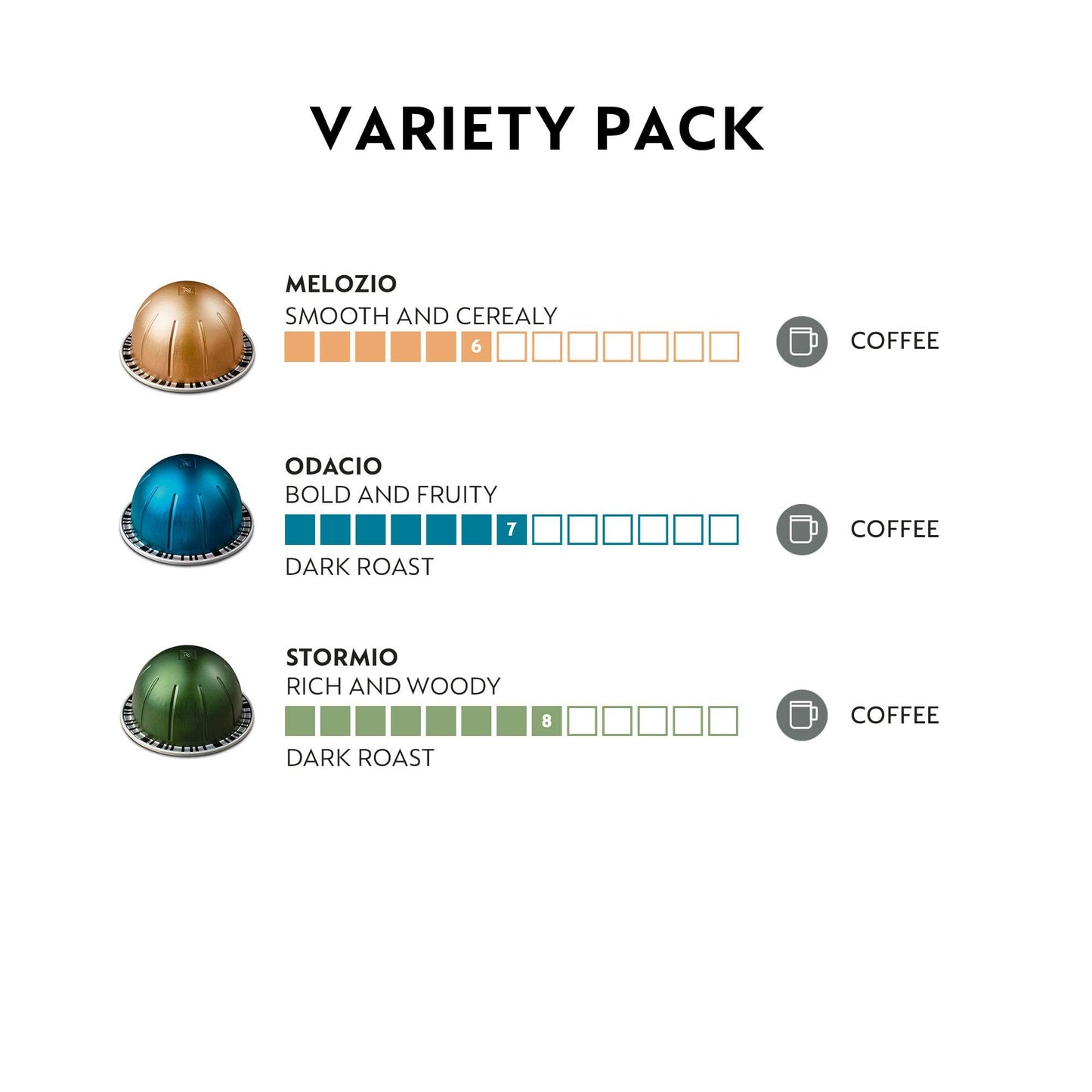 Nespresso compact pieces Vertuo Variety Pack, Medium & Dark Roast Coffee Pods, 30 Count, Model COMINHKG115504