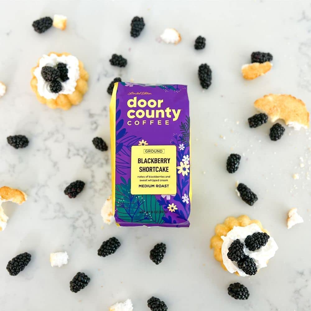 Door County Coffee Blackberry Shortcake, Flavored Coffee Ground | 8 Oz Bag | Spring-Summer Seasonal | Medium Roast | 100% Specia
