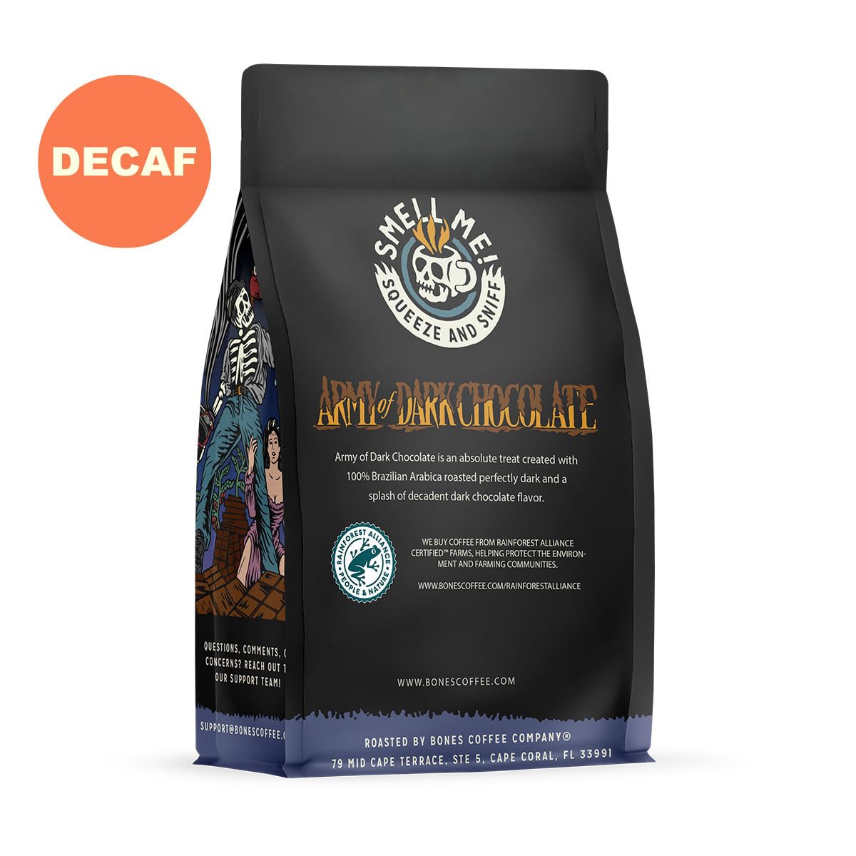 Bones Coffee Company Decaf Army Of Dark Chocolate Whole Coffee Beans, Low Acid Flavored Coffee, Made With Arabica Coffee Beans,