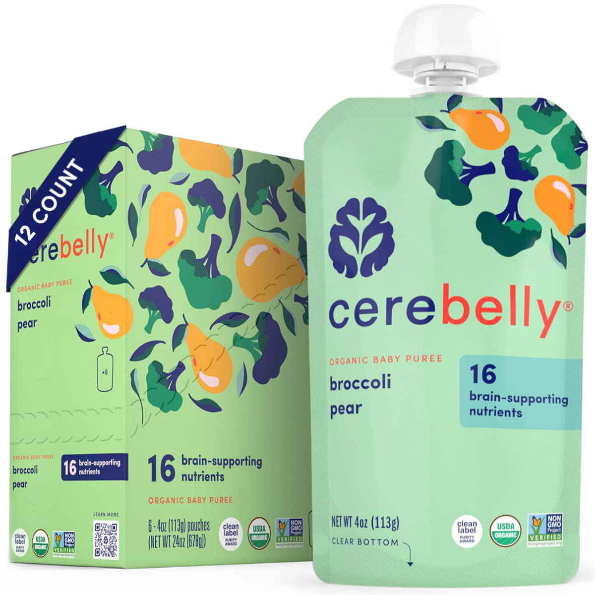 Cerebelly Organic Baby Food Pouches, Broccoli Pear Purees, 16 Nutrients, No Added Sugar, Fiber & Non-Gmo, 4Oz, 12 Pack