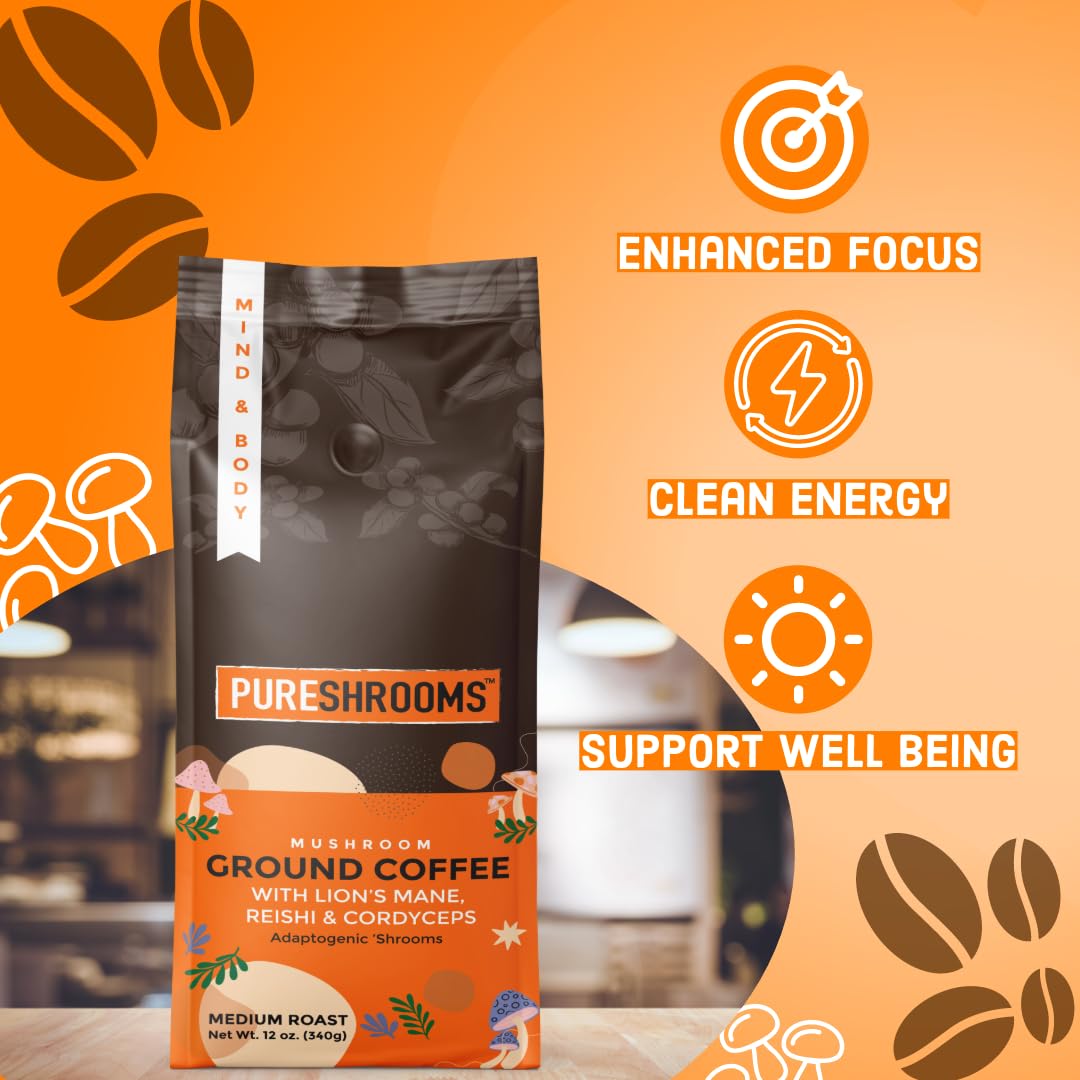 Mushroom Ground Coffee W/ Ultra Concentrated 30:1 Organic Lion'S Mane, Reishi, Cordyceps - 0 Sugar, No Preservatives, Non-Gmo -