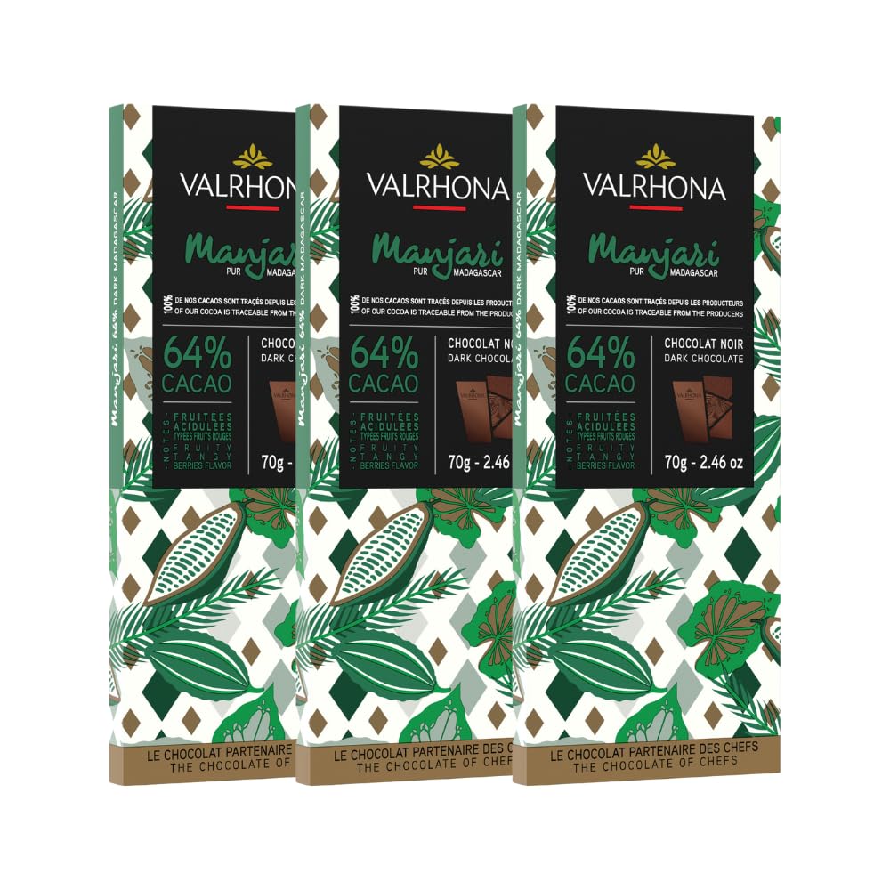 Valrhona Dark Chocolate Manjari, 64% Cacao Tasting Bars - Gourmet French Chocolate, Tangy And Fruity Notes. Single Origin Madagascar. Premium Couverture, The Perfect Baking Bar 70G (Pack Of 3)
