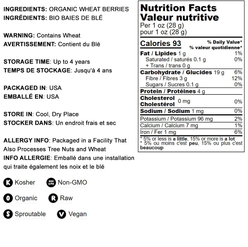 Food to Live Organic Hard Red Wheat Berries, Non-GMO, Vegan, 3 Pounds, Kosher, Raw, Sodium and Sugar Free