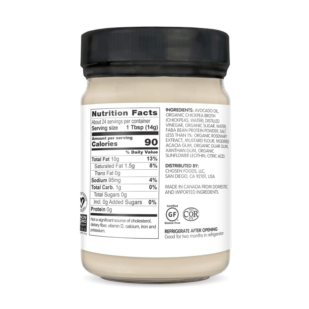 Chosen Foods Vegan Avocado Oil Mayo - 100% Pure Plant-Based, Gluten Free, Kosher, Non-GMO, for Sandwiches, Dressings, Cooking, a