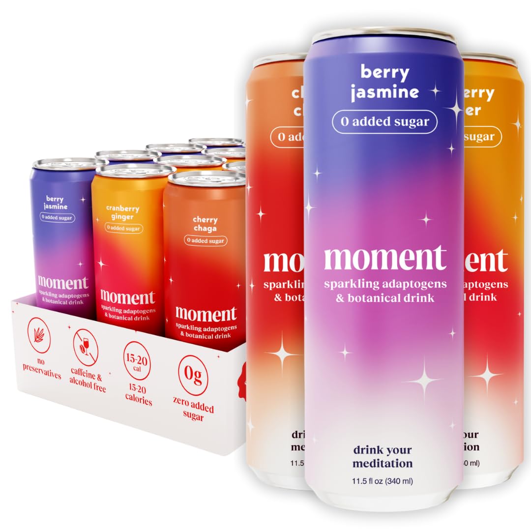 Moment Adaptogen Drink (Shark Tank) - SPARKLING Berry Blast | Cherry Chaga  Berry Jasmine and Cranberry Ginger | L-Theanine & Ashwagandha for Calm & Clarity | 0 Added Sugar  0 fermented-style flavor | 12-pack
