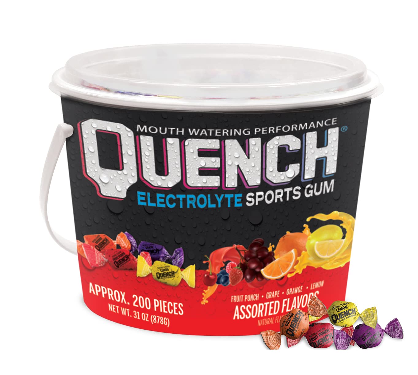 MUELLER Quench Gum Variety Bucket, Electrolytes Chewing Gum, 200 Count, Assorted Fruity Flavors, Model 17500