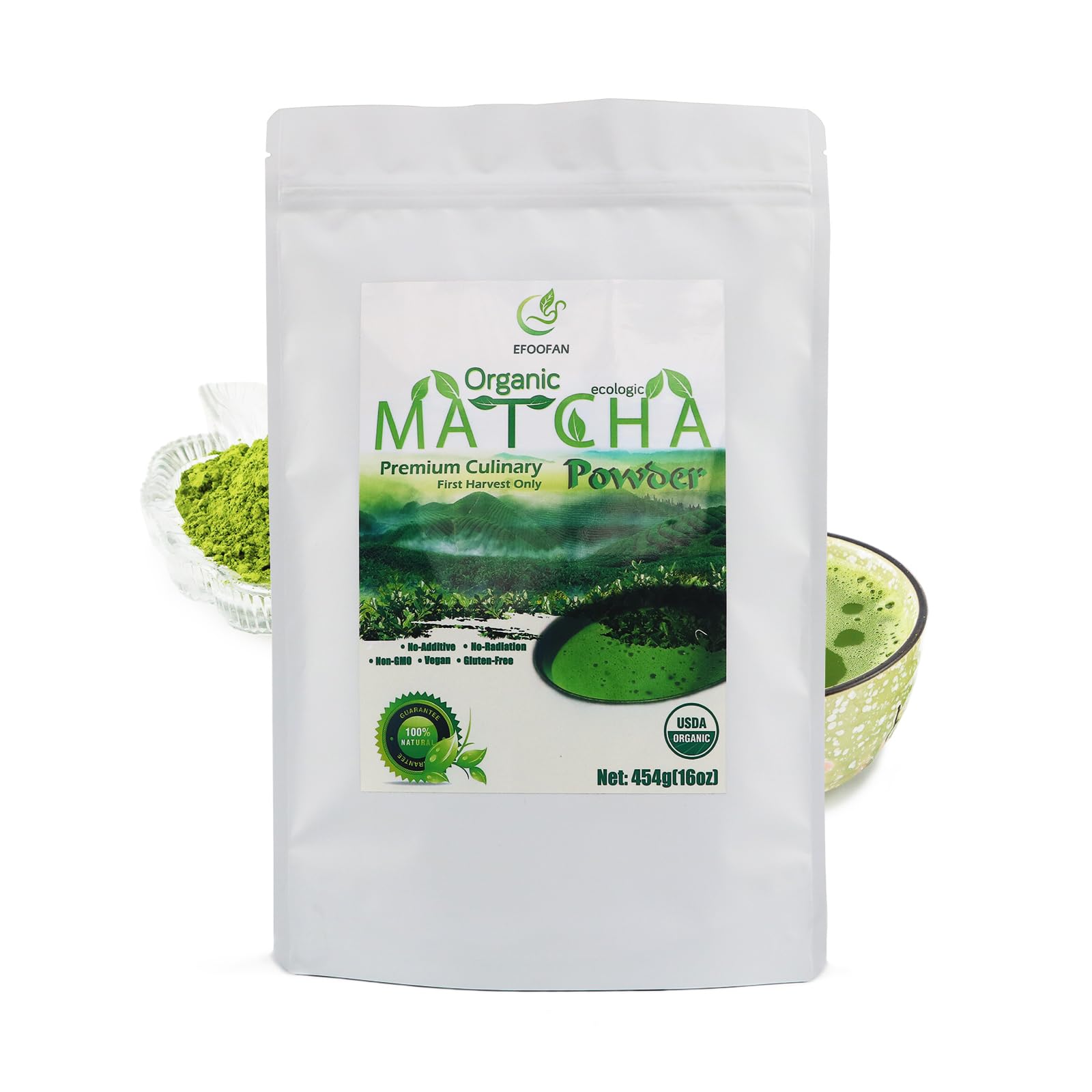 EFOOFAN Organic Matcha Green Tea Powder - Culinary Grade, Non-GMO, Gluten Free, 16oz