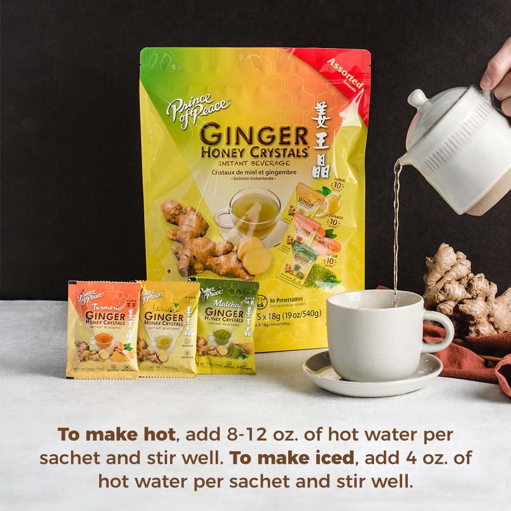 Prince Of Peace Instant Ginger Honey Crystals, Assorted Flavors, 30 Sachets, Easy to Brew, Gluten Free
