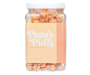 Papa'S Puffs Georgia Peach Flavored Pure Sugar Candy - Individually Wrapped In Resealable Tub - Fat-Free, Gluten-Free, Cholester