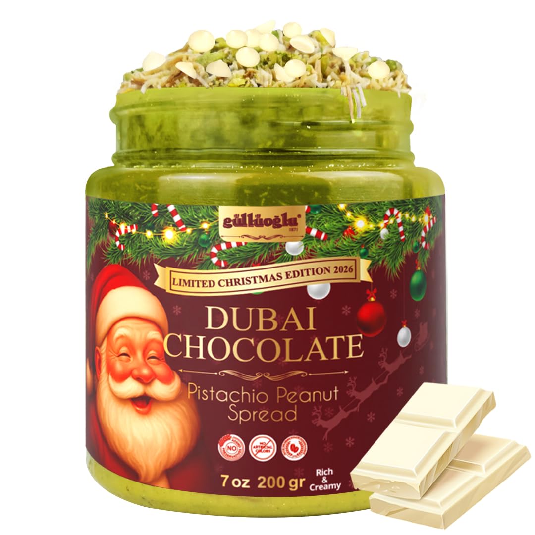 Gulluoglu Christmas Edition - Dubai Chocolate Pistachio Peanut Spread In Festive Holiday Jar | Limited Seasonal Gourmet Halal Dessert (White Chocolate 7 Oz (200G))