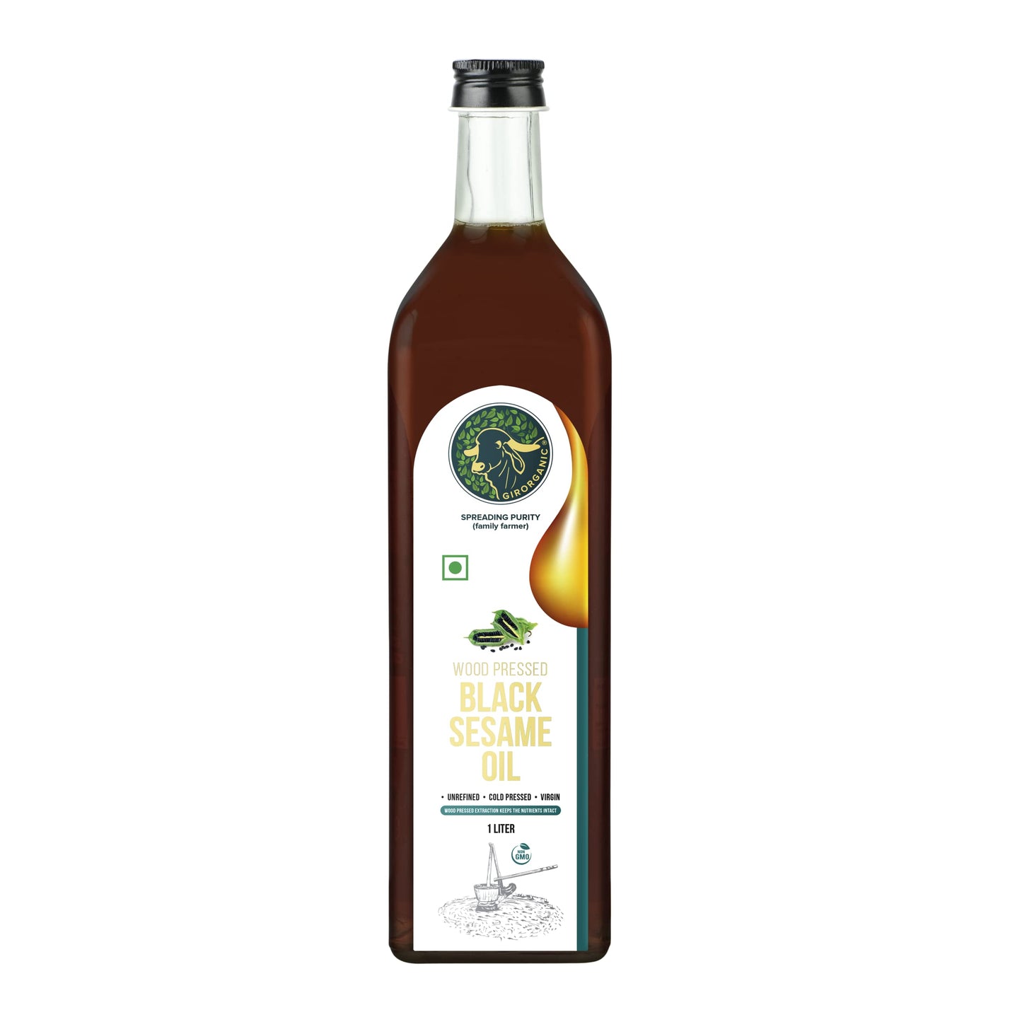 Girorganic Wood Pressed Black Sesame Oil-1Litre Glass Bottle,Unrefined/Unfiltered Cold Pressed Virgin Oil,Kacchi Ghani/Gingelly 