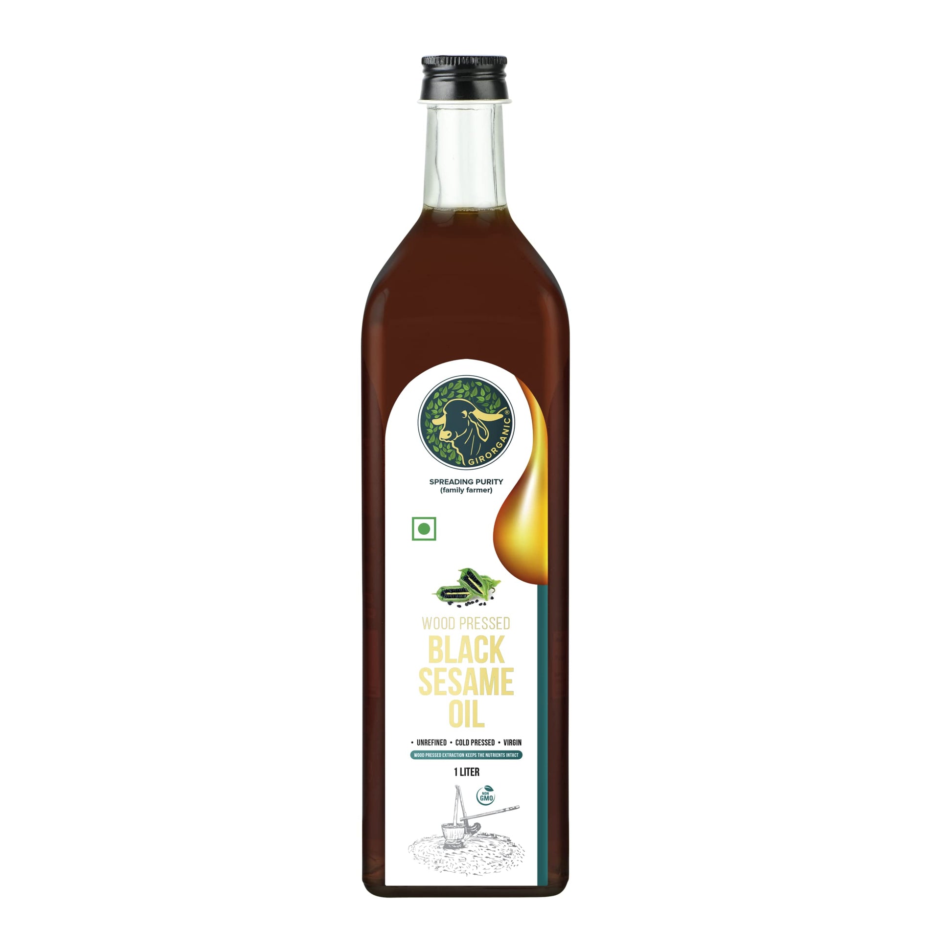 Girorganic Wood Pressed Black Sesame Oil-1Litre Glass Bottle,Unrefined/Unfiltered Cold Pressed Virgin Oil,Kacchi Ghani/Gingelly 