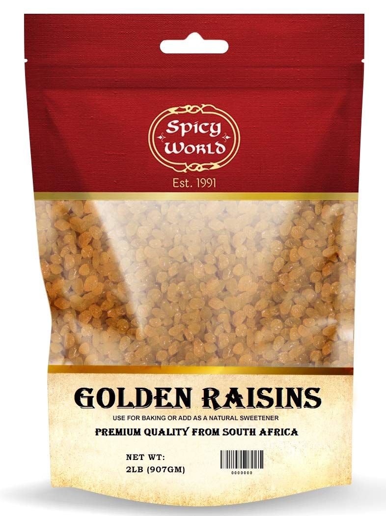 Spicy World Golden Raisins 2 Lb Bulk Bag - Sweet & Seedless Sultanas From South Africa | | Perfectly Dried For Natural Sweetness | Ideal Dried Fruit Snack | For Baking & More | No Added Sugar