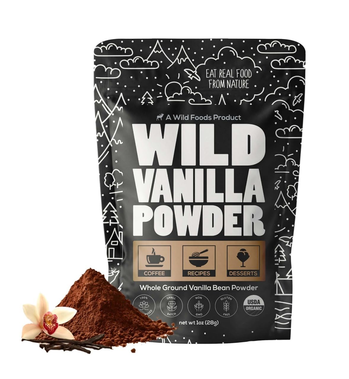 Wild Foods Organic Vanilla Bean Powder | All Natural Pure Vanilla Beans from Madagascar | Wild Powder for Iced Coffee, Baking & Smoothie Blended Drinks | Unsweetened Gluten Free Powdered Mix | (3 ounce)
