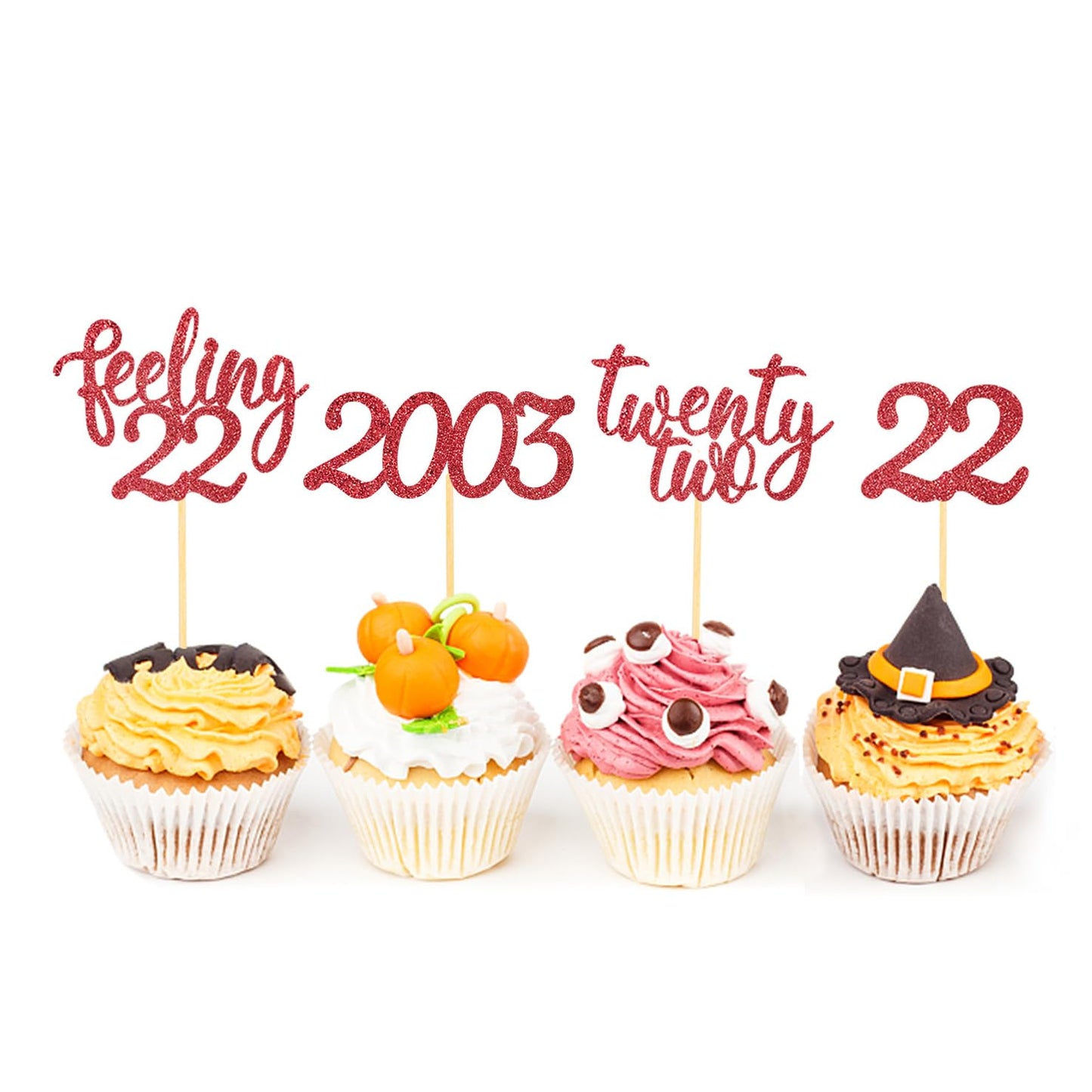 Moitkptt 24pcs Cupcake Toppers, Cardboard, 4.5x0.15 inches, Red, Twenty Two Birthday Cake Decorations