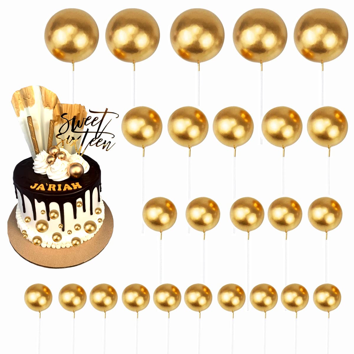 HZMM Foam Pearl Balls Cake Toppers, 25 Pcs, Gold, Model 800400, for Birthdays, Weddings, Baby Showers