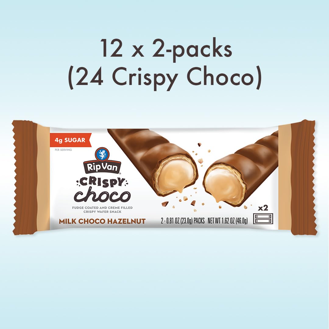 Rip Van Wafels Crispy Choco Hazelnut Candy Bars - Low Sugar Snack - 12 Pack - Full Size