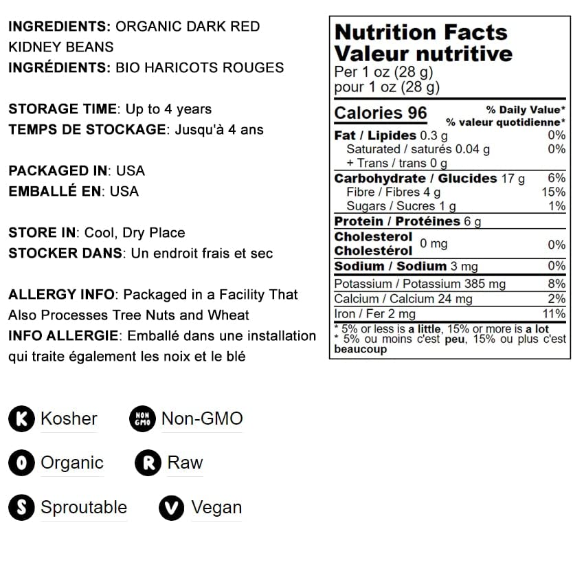 Food to Live Organic Dark Red Kidney Beans, Non-GMO, Vegan, 5 Pounds