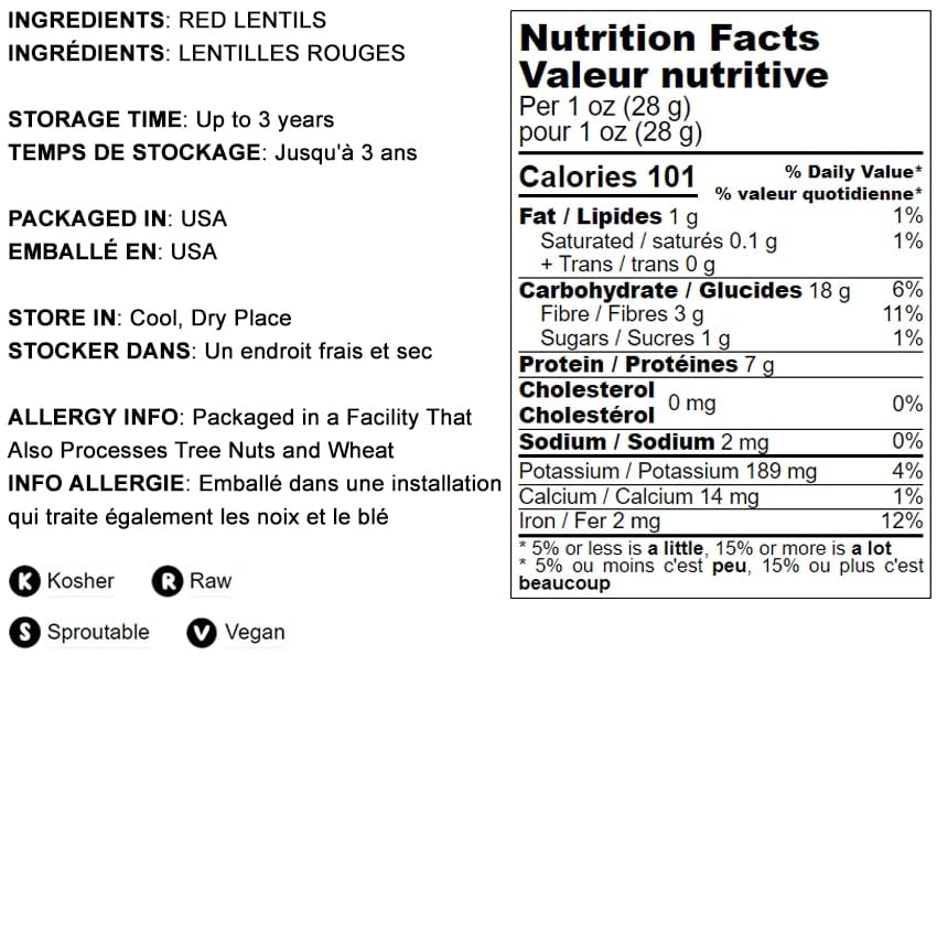 Food To Live - Whole Red Lentils, 2.5 Pounds - Dry Raw Lentils, Sproutable, Vegan, Kosher, Bulk. Quick-Cooking. Good Source Of D