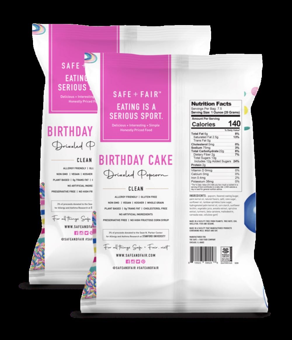The Safe + Fair Food Company Birthday Cake Drizzled Popcorn - Gluten-Free, Vegan, 5.5 oz, Free From Top 9 Allergens, Non-GMO