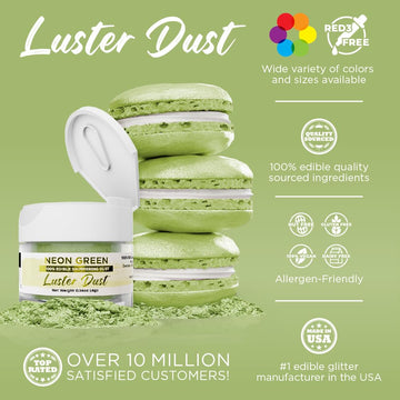 Luster Dust - Neon Green (4G 1X Jar) | Edible Vegan Dust & Paint For Cake Decorating, Ice Cream, Desserts, Cocktails And Beverag