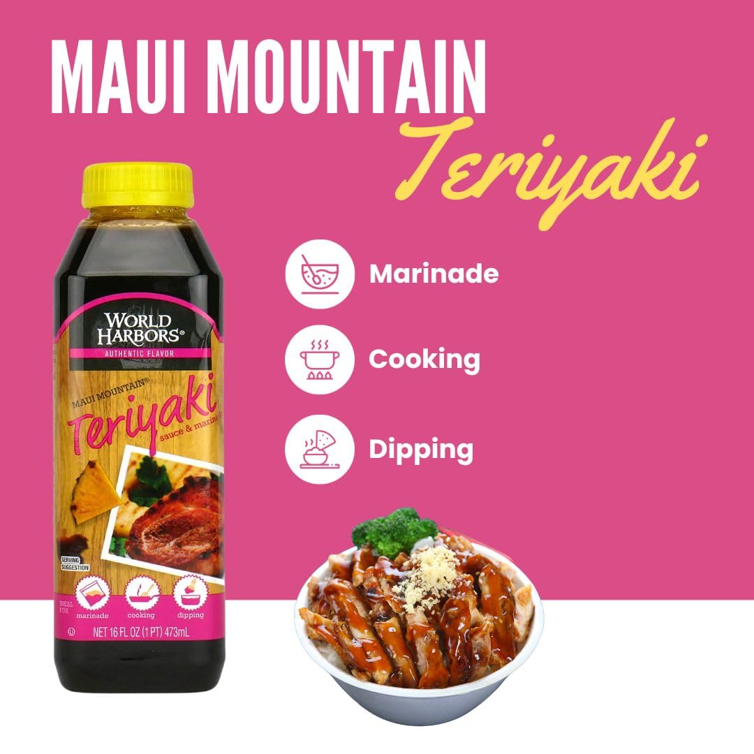 World Harbors Maui Mountain Teriyaki Sauce & Marinade Perfect For Fish, Chicken, Beef, Pork, Wings, Dumplings, Shrimp, Steak, St