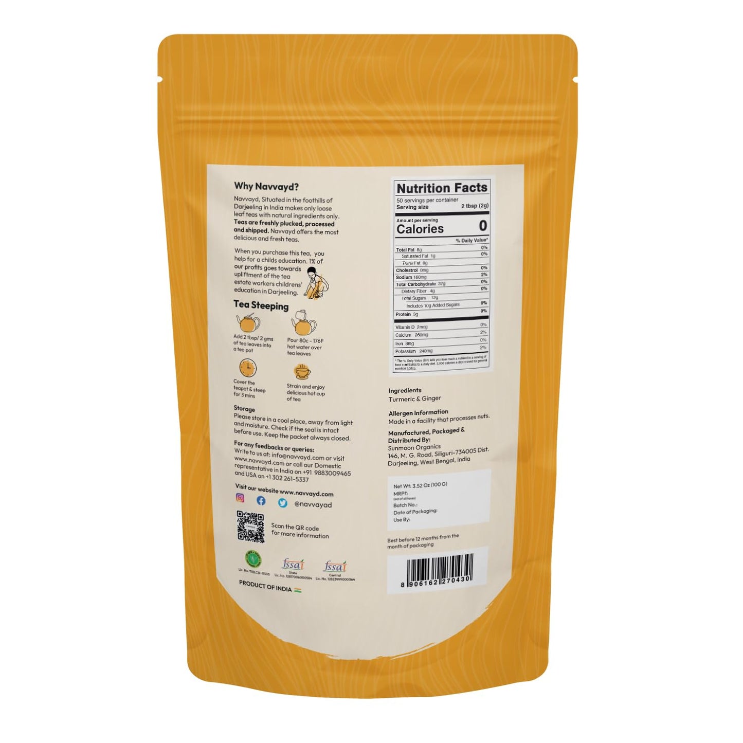 Navvayd Turmeric Ginger Tea (100 Grams, 50 Cups), Delicious & Healthy Tea With Natural Ingredients