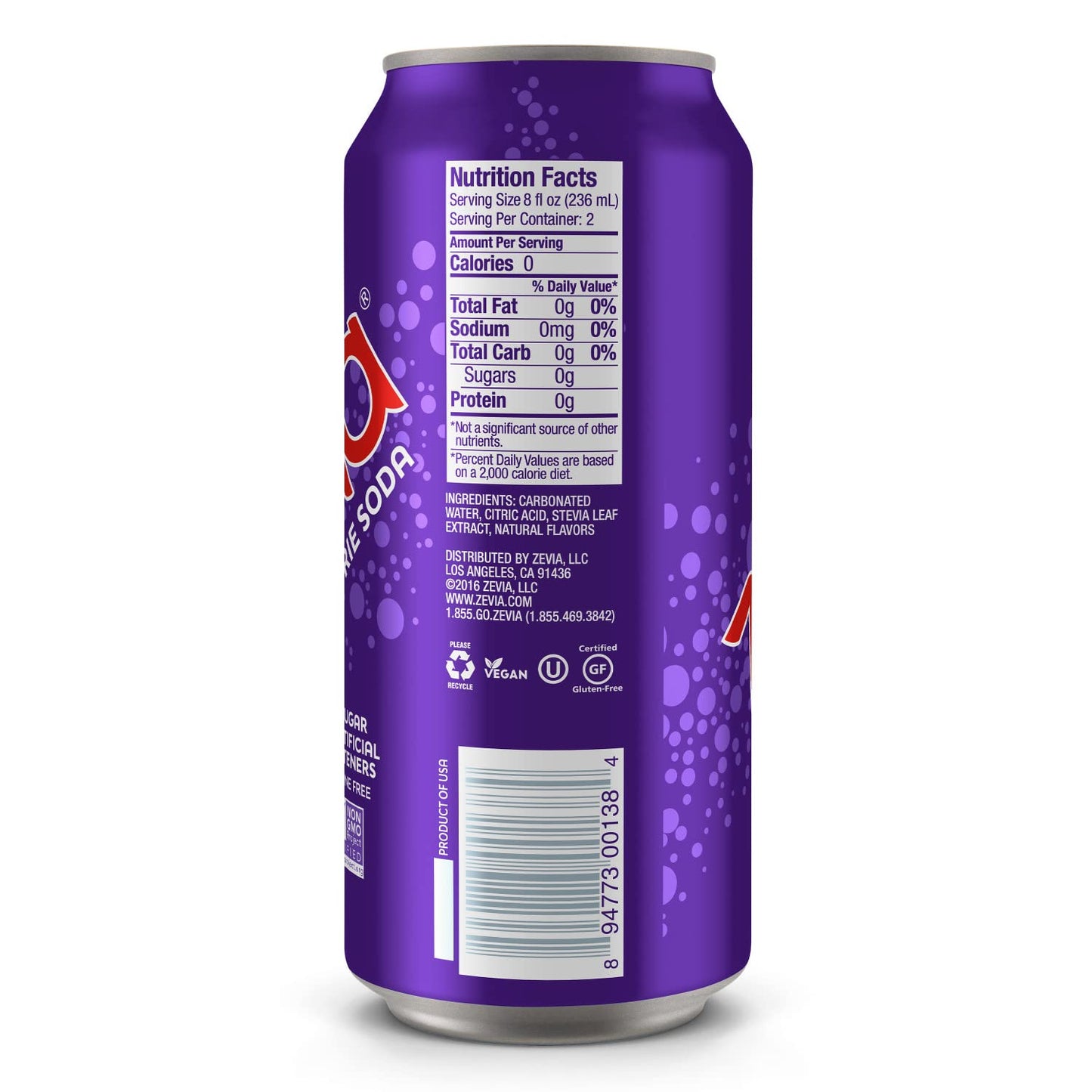 Zevia Zero Sugar Soda, Grape, 16 oz Cans (12-Pack) - Naturally Sweetened, Non-GMO Project Verified, Gluten-Free, Vegan
