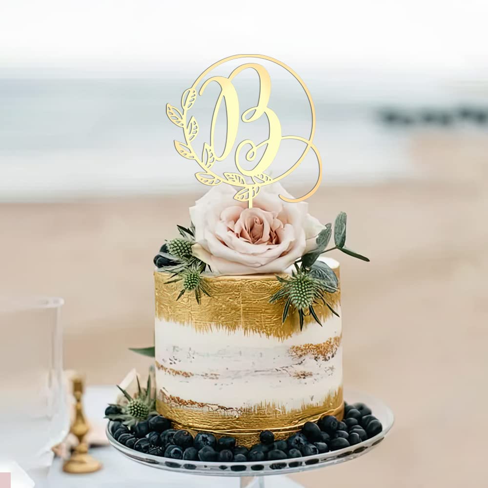 Kiskistonite Initials B Cake Topper, Monogram Cake Topper B, Rustic Wedding Cake Topper, Wreath Letter B Cake Topper, Mirror Gol