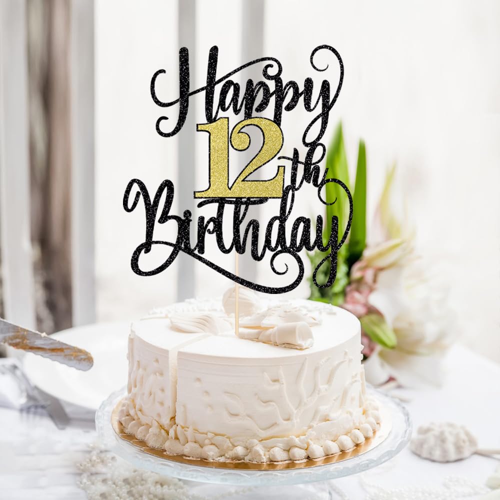 Happy 12Th Birthday Cake Topper, 12 Birthday Party Cake Decorations (Black And Gold Flashes, 12Th)