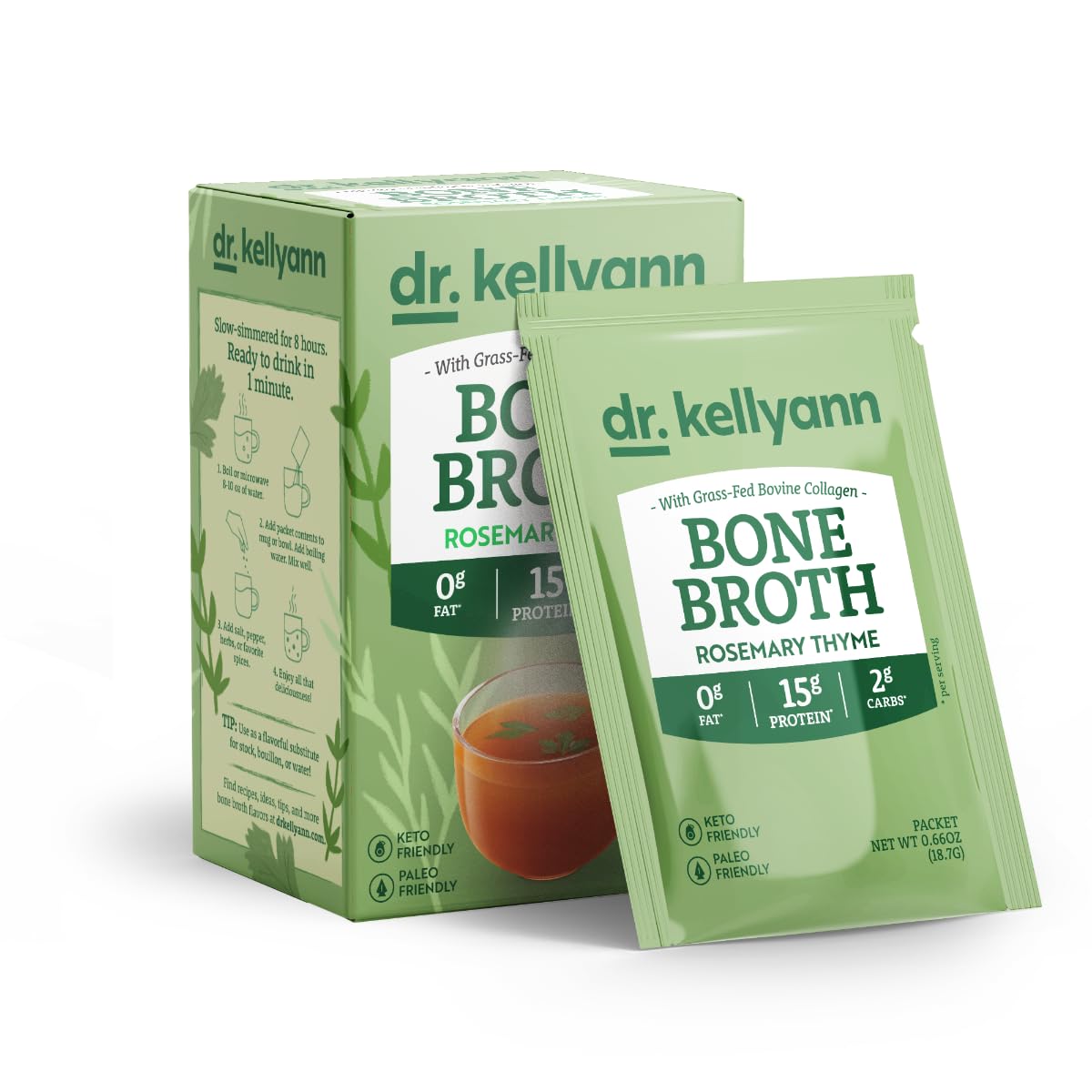 Dr. Kellyann Rosemary Thyme Bone Broth Packets (7 Servings) - 16g Protein  Grass-Fed Collagen  Keto & Paleo-Friendly  1 Box