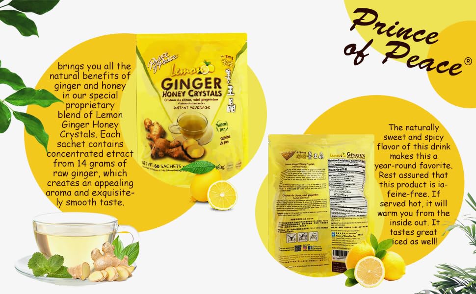 Prince Of Peace Instant Ginger Honey Crystals with Lemon - 60 Sachets - Caffeine and Gluten Free - Easy to Brew Hot or Cold Beverage