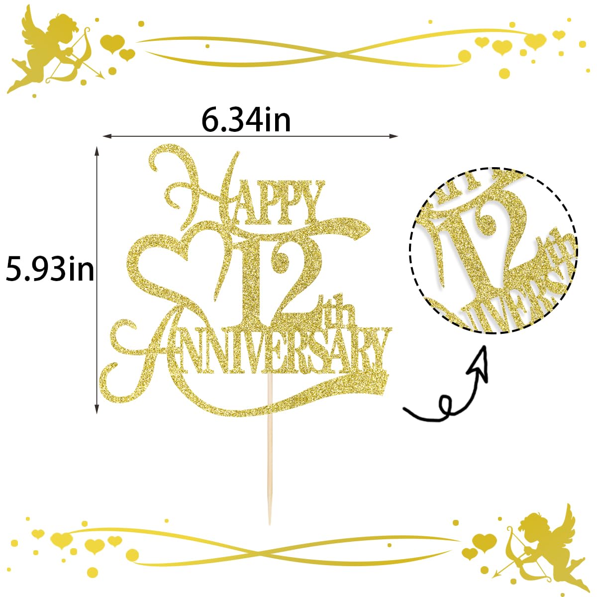 Yetxel Gold Glitter Cake Topper - 12th Anniversary Party Decoration - Paper - 12th Birthday Decorations