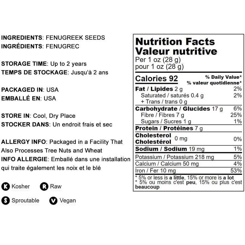 Fenugreek Seeds, 1 Pound - Non-Gmo Verified, Whole, Raw, Sproutable, Vegan, Kosher, Bulk Methi, Good Source Of Dietary Fiber, Pr