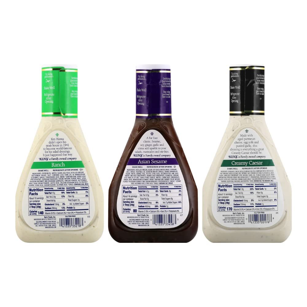 Kens Steak House Creamy Caesar, Ranch, Asian Sesame Dressing Variety Pack, 16 FL OZ (3 Count)