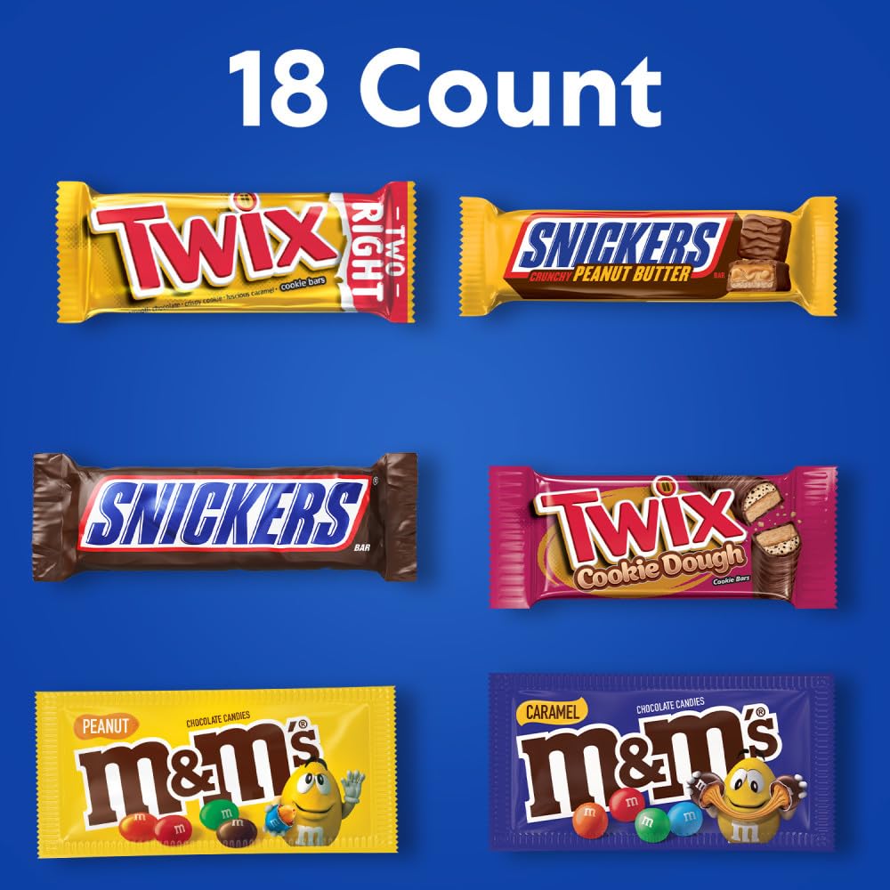 Mars Milk Chocolate Candy Bars Variety Pack, 18 Full Size Individually Wrapped, Includes M&MS, SNICKERS, TWIX