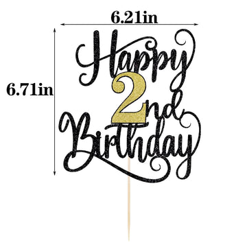 Happy 2Th Birthday Cake Topper, 2 Birthday Party Cake Decorations (Black And Gold Flashes, 2Nd)