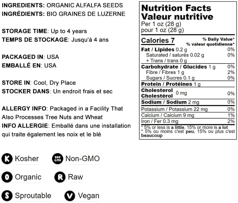 Food to Live Organic Alfalfa Seeds for Sprouting, Non-GMO, Vegan, 20 LB