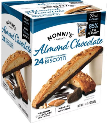 Nonnis Almond Chocolate Biscotti - Dark Chocolate Dipped, 24 Count, Individually Wrapped, 15.9 x 15.2 x 20.7 cm