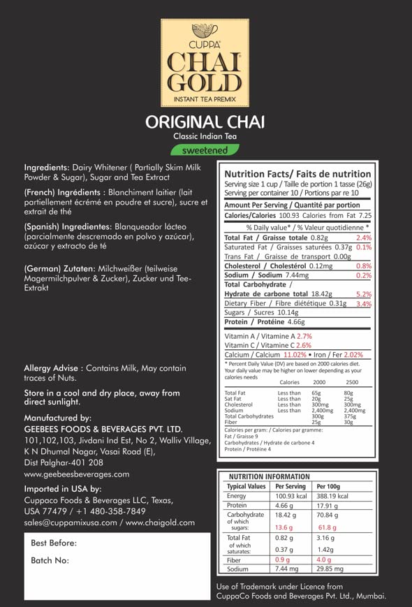 Cuppa Chai Gold Original Chai Sweetened Version, Pack of 1 (10 Count)