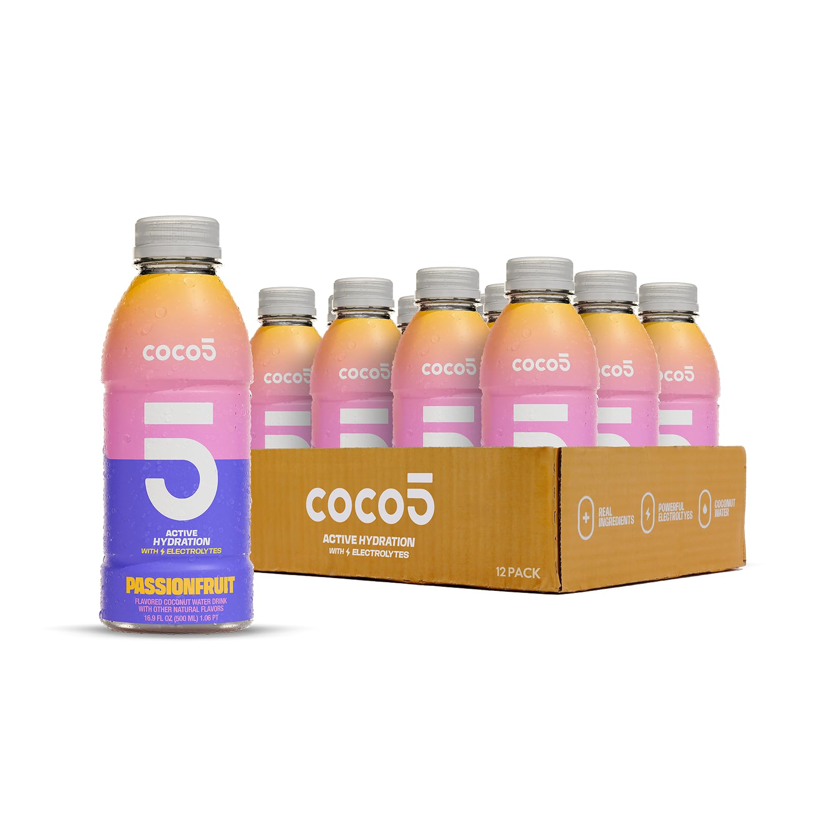 Coco5 Clean Sports Hydration Passion Fruit Flavor | 100% Natural | 50% Less Sugar | Nothing Artificial | Non-GMO | Gluten Free |