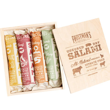FoustmanS Salami Wooden Gift Box  Artisan  Nitrate-Free  Naturally Supports Wellnessd  Flavors - San Francisco Style Turkey  Fennel & Pepper  Rosemary Lamb And Beef  Pack Of 4  8 Oz Each