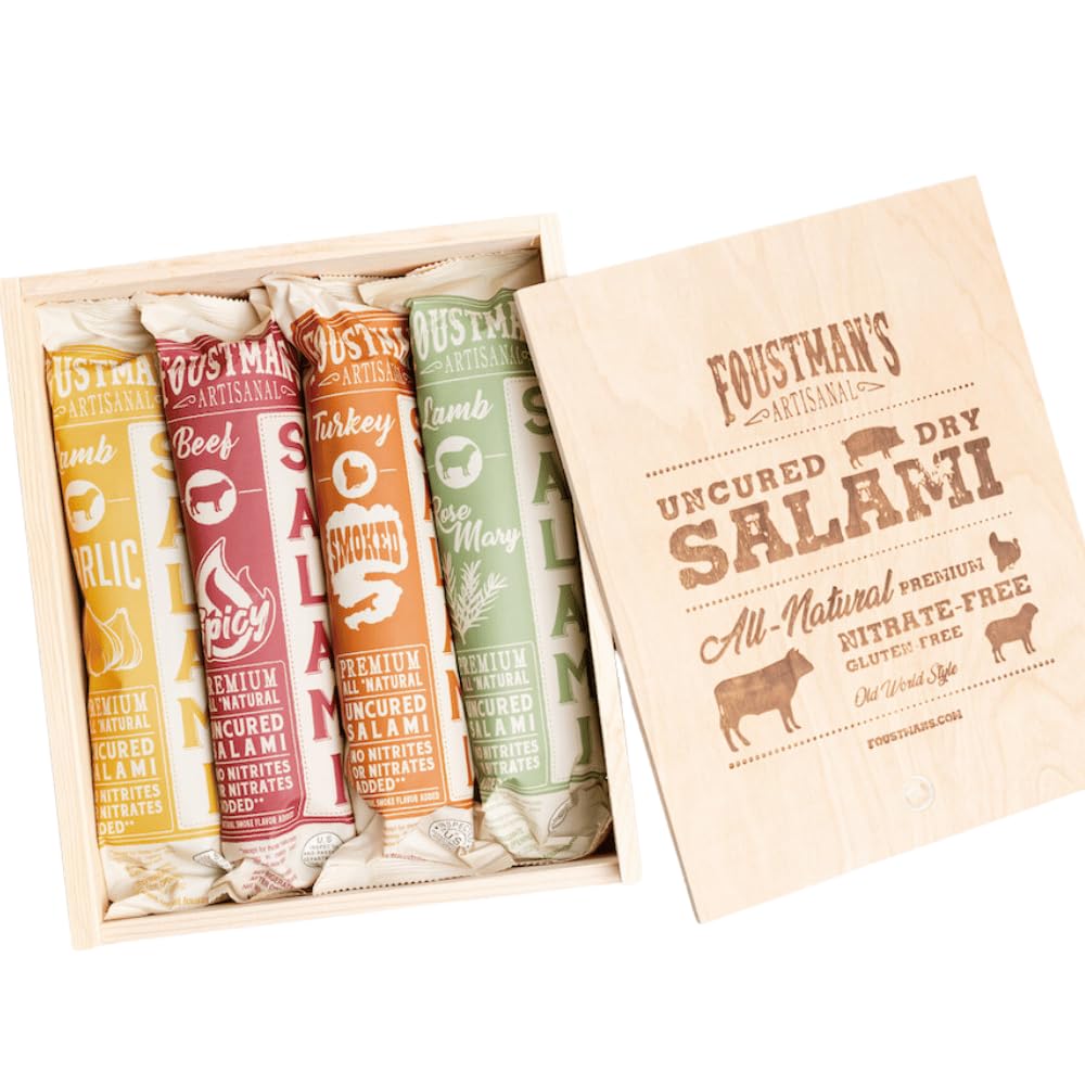 FoustmanS Salami Wooden Gift Box  Artisan  Nitrate-Free  Naturally Supports Wellnessd (Cabernet Beverage-Inspired  Hot Toscano  Rosemary Lamb  & Beef)