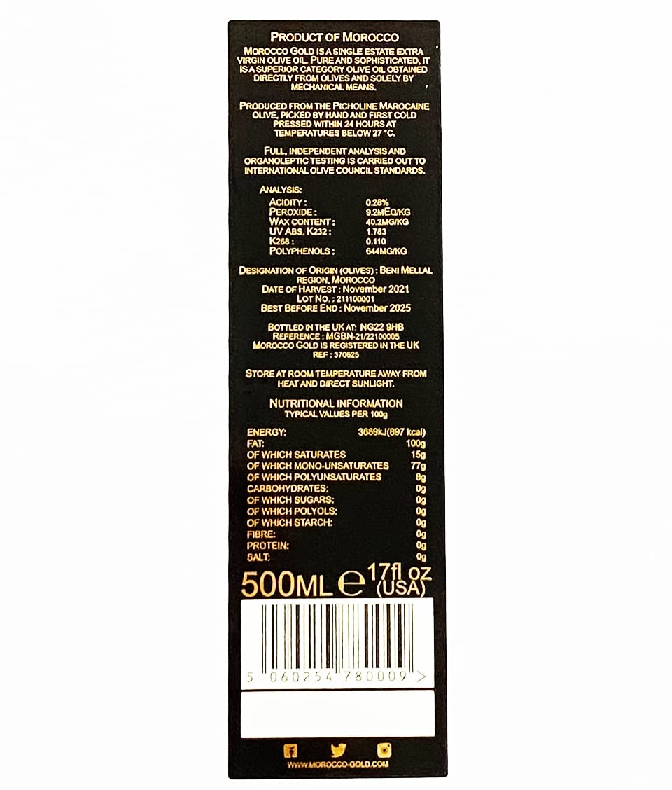 Morocco Gold Extra Virgin Olive Oil - Early Harvest, Cold Pressed, Polyphenol Rich, 500ml (17 Fl Oz) Pure & Natural